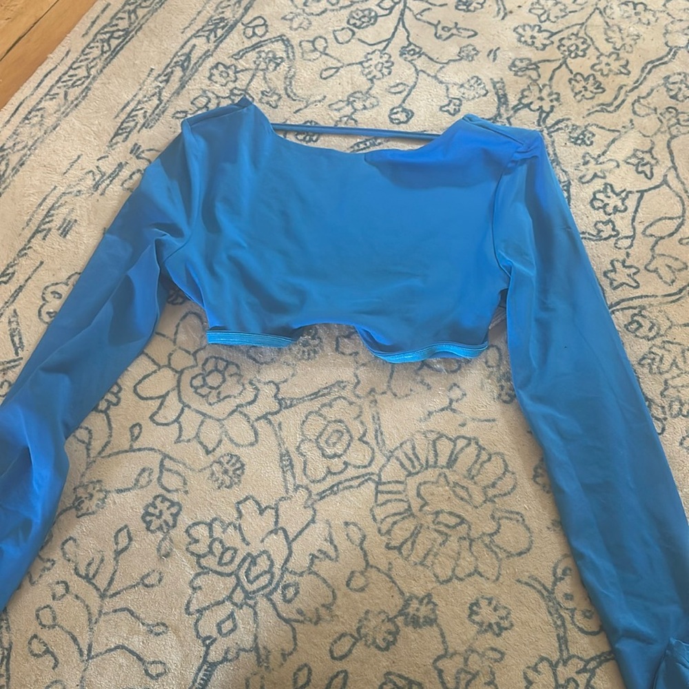 Long sleeve blue cropped top, open back